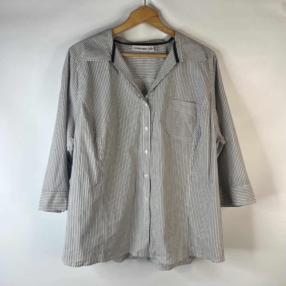 St. John's Bay Button Down Shirt Women 3X Navy White Striped 3/4 Sleeve Stretch